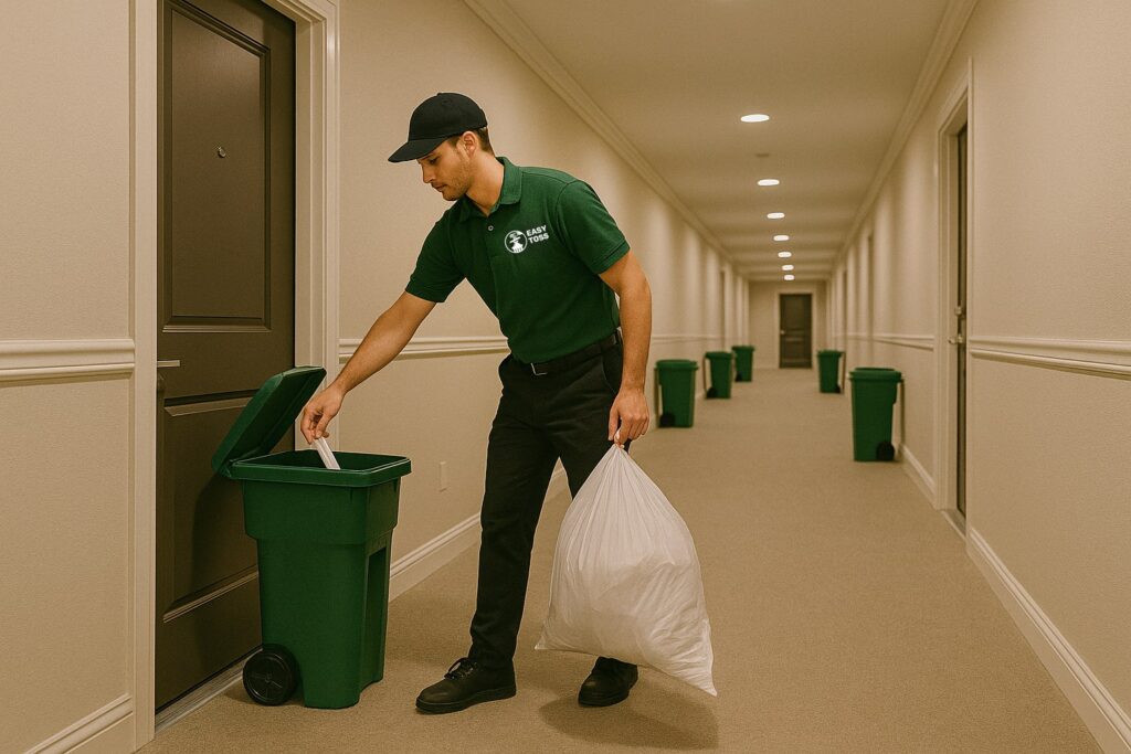Apartment hallway with residents’ trash bins placed behind doors — ready for Easy Toss Valet Trash pickup service in Los Angeles, Orange County, and San Diego, providing hassle-free waste management for multi-family communities, Apartment complexes, Condominiums, HOAs and Student housings.