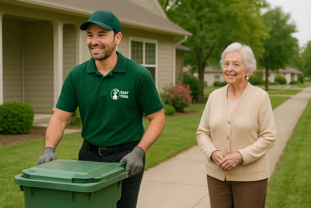 Easy Toss Bin to Curb service ideal for busy families, seniors, frequent travelers, homeowners, and vacation properties — convenient and dependable waste management across Los Angeles, Orange County, and San Diego.