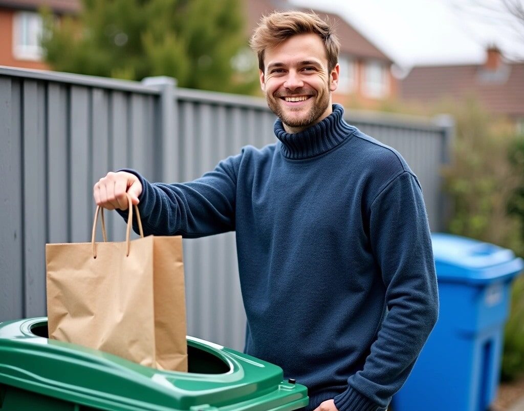 Smiling resident placing a trash bag into a bin — showcasing the convenience and satisfaction of using Easy Toss Valet Trash and Bin to Curb services in Los Angeles, Orange County, and San Diego.