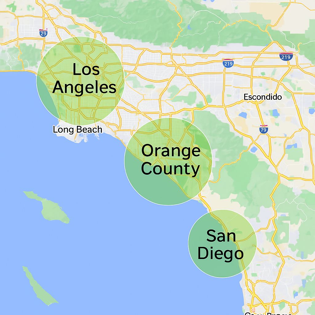 Service area map for Easy Toss waste management, highlighting Valet Trash and Bin to Curb services across Los Angeles, Orange County, and San Diego, California.